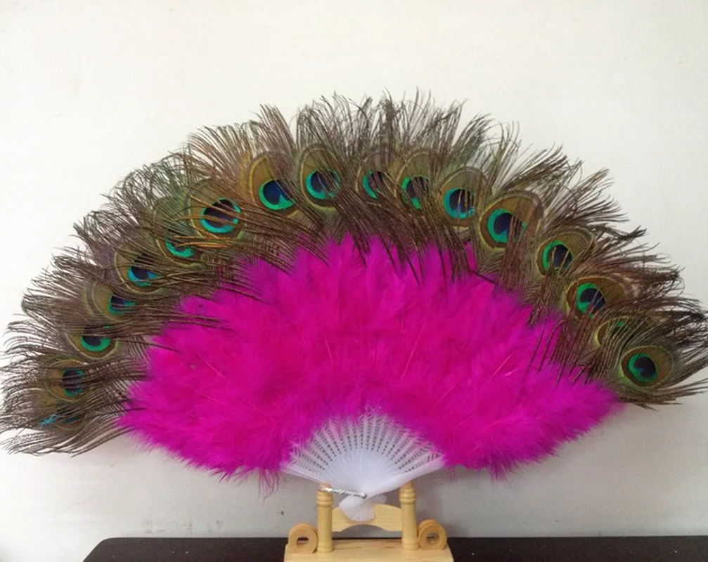Foldable Peacock Feather Hand Fan Dance Costume Wedding Party Decor Supplies